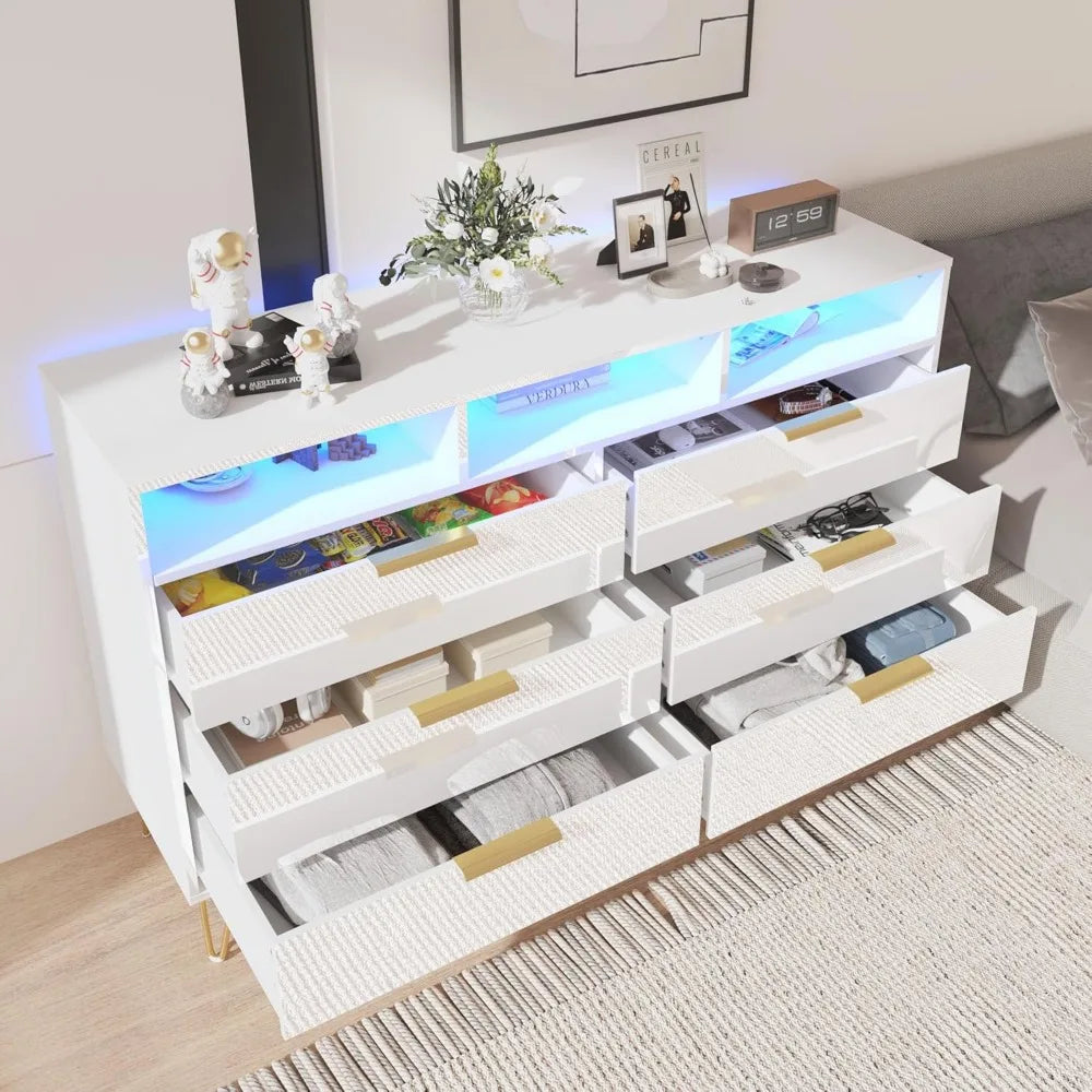 LOLA Modern High Gloss LED Dresser – 6 Drawer Chest with Gold Legs & Open Storage | 55.1'' W