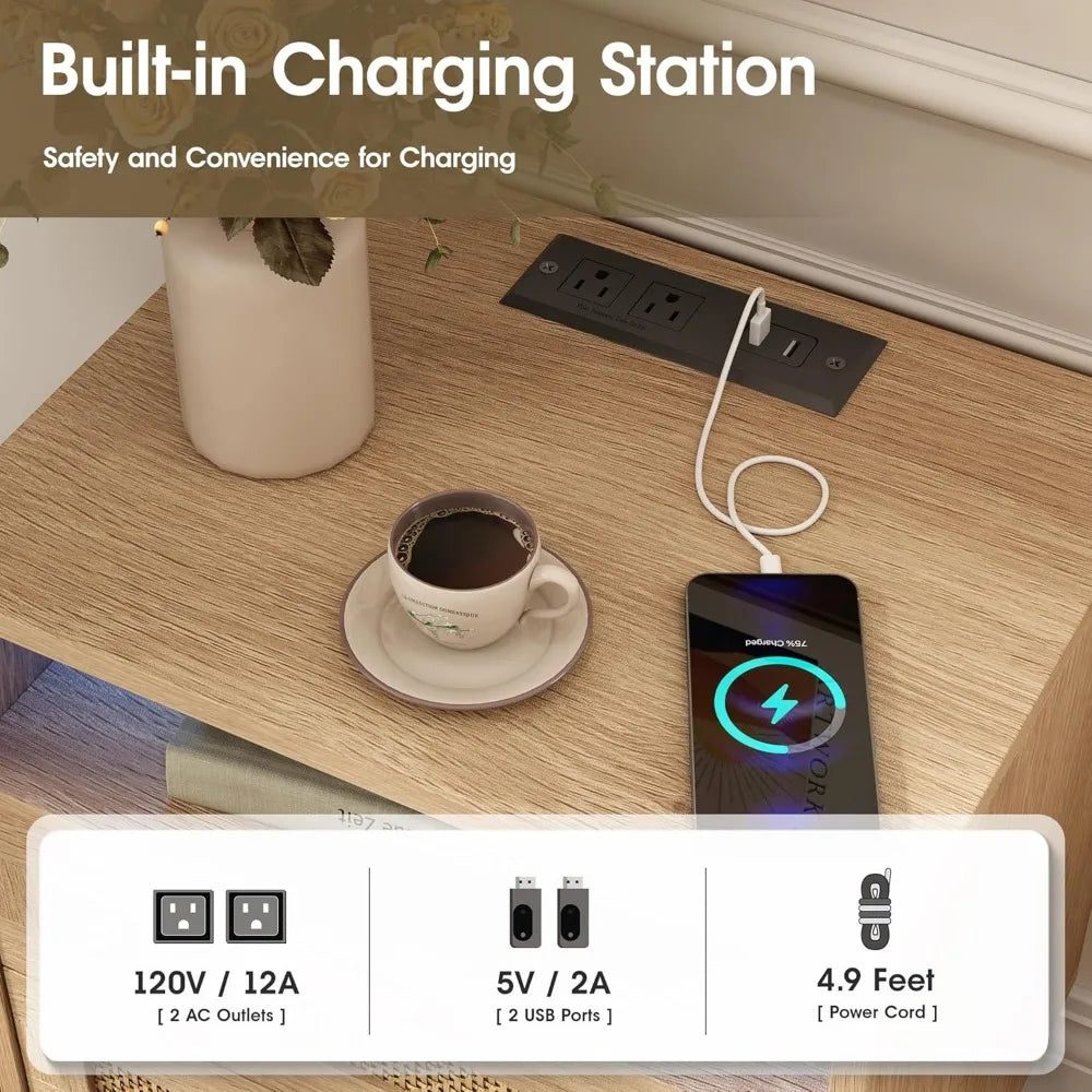 JAYLA Boho Rattan Nightstand with LED & Charging Station – 17.72'' Wide, 2-Drawer Bedside Table