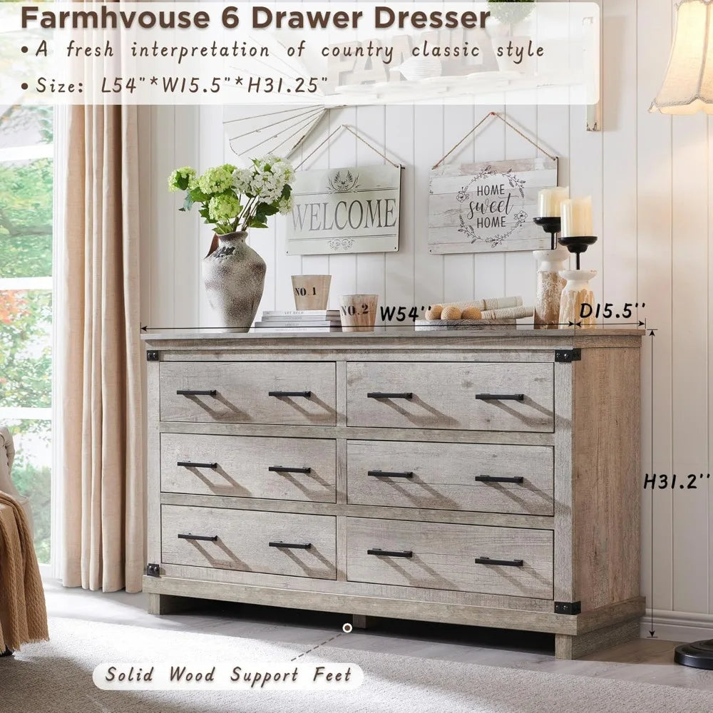 LEILA Farmhouse Rustic 6-Drawer Dresser - 54" Wide Chest of Drawers for Bedroom Storage