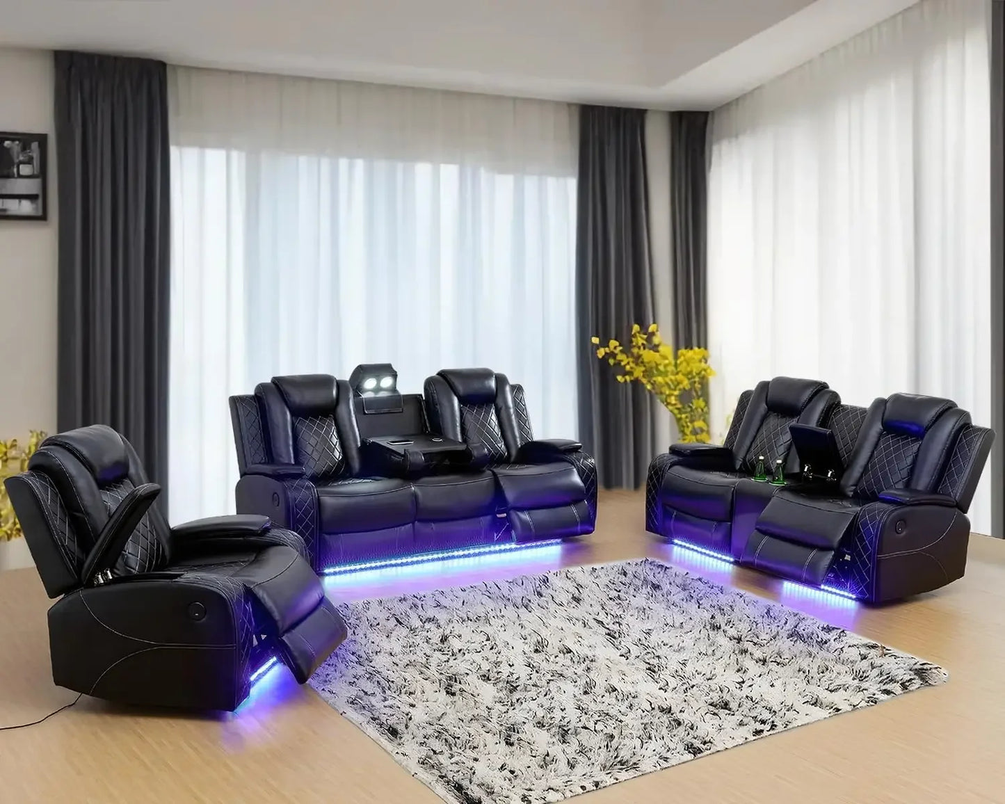 JUAN Leather Power Recliner Sofa Set with LED, USB Port & Cup Holder 83" W