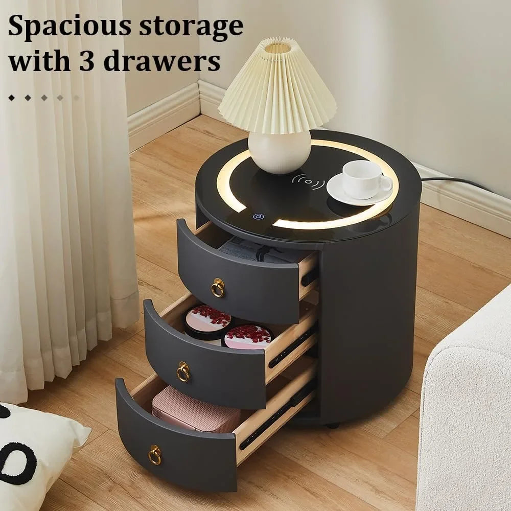 MCKENNA Modern Round Nightstand Set of 2 with Wireless Charging & LED Lights - 18.1''