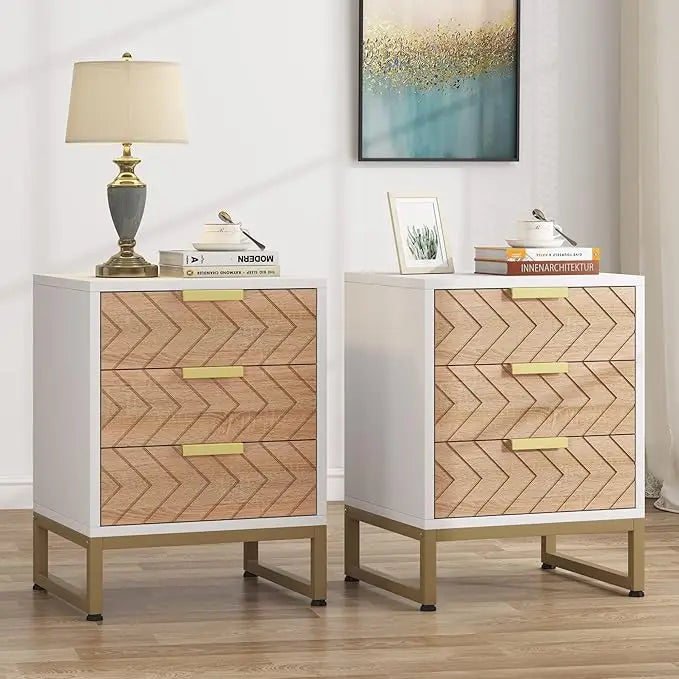 FRANCESCA Modern Zigzag 3-Drawer Nightstand Set – 17.71" Wide Wood & Metal End Table
