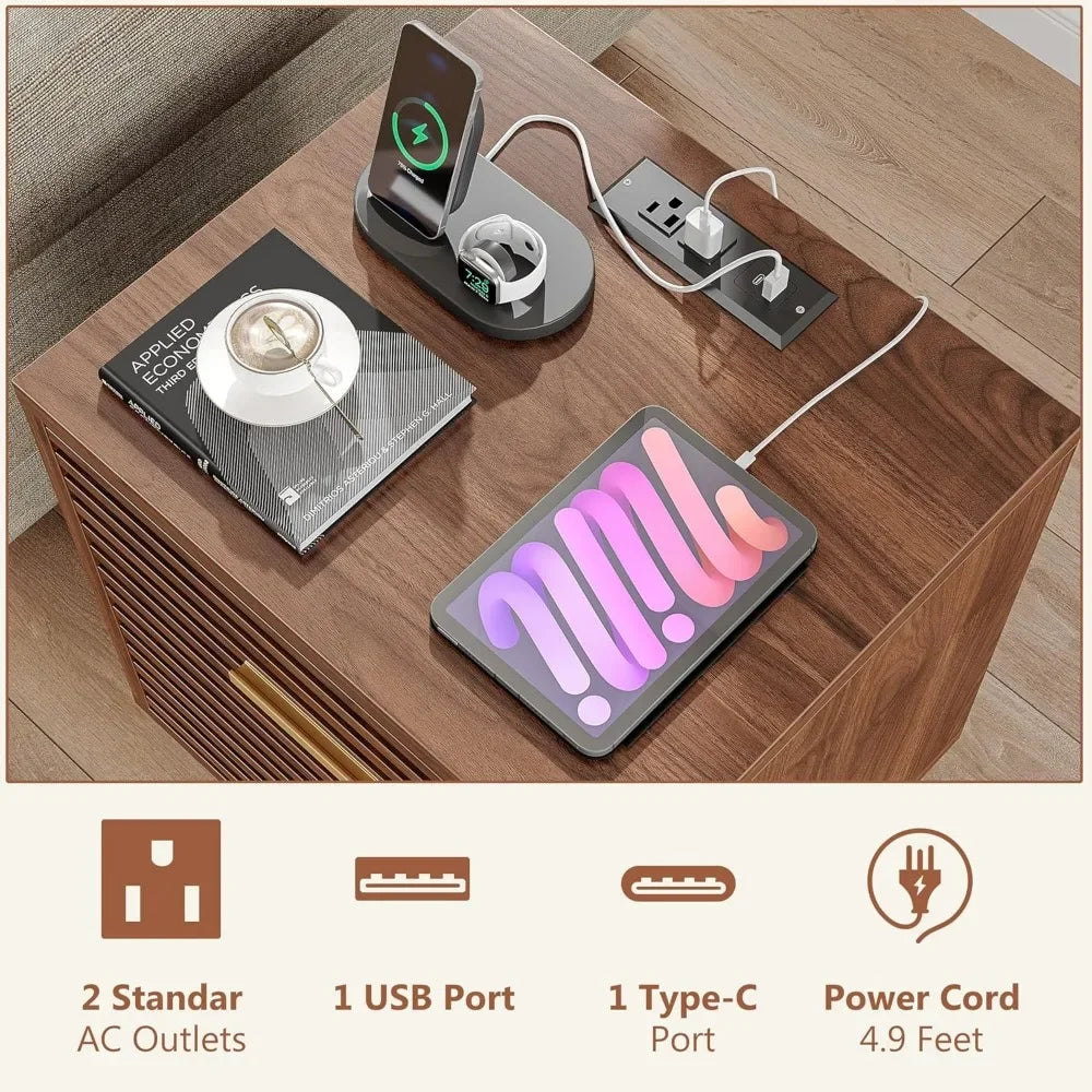 ALYSSA Modern Nightstand with Charging Station - 19" Wide Bedside Table with 2 Drawers