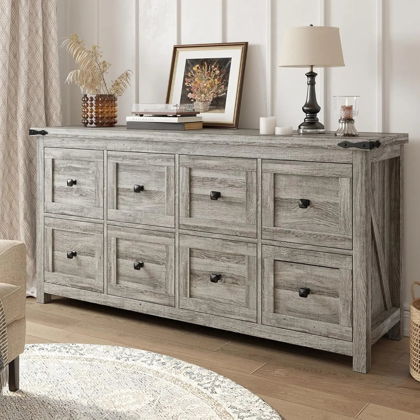LILITH Rustic Farmhouse 8-Drawer Dresser - 59.1" Wide Wooden Chest of Drawers