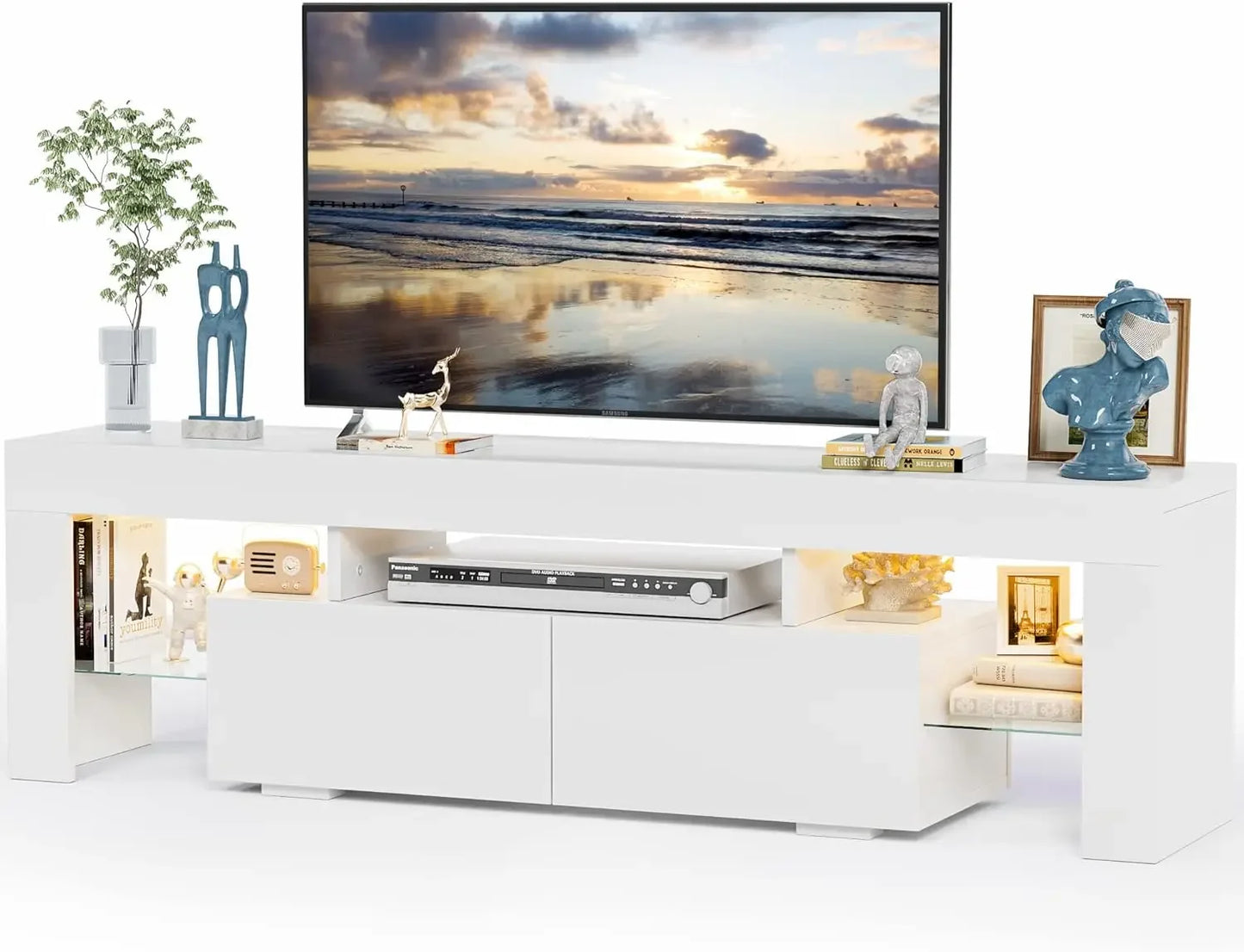 TV Stand with LED Lights, Modern Entertainment Center Media and Open Shelf Console Table Storage Desk with 1 Drawer