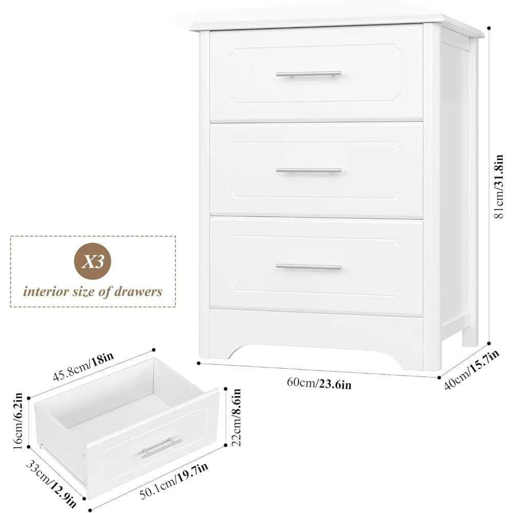 HAYDEN Modern White 3-Drawer Dresser - Elegant Wood Chest for Bedroom - 23.62" Wide