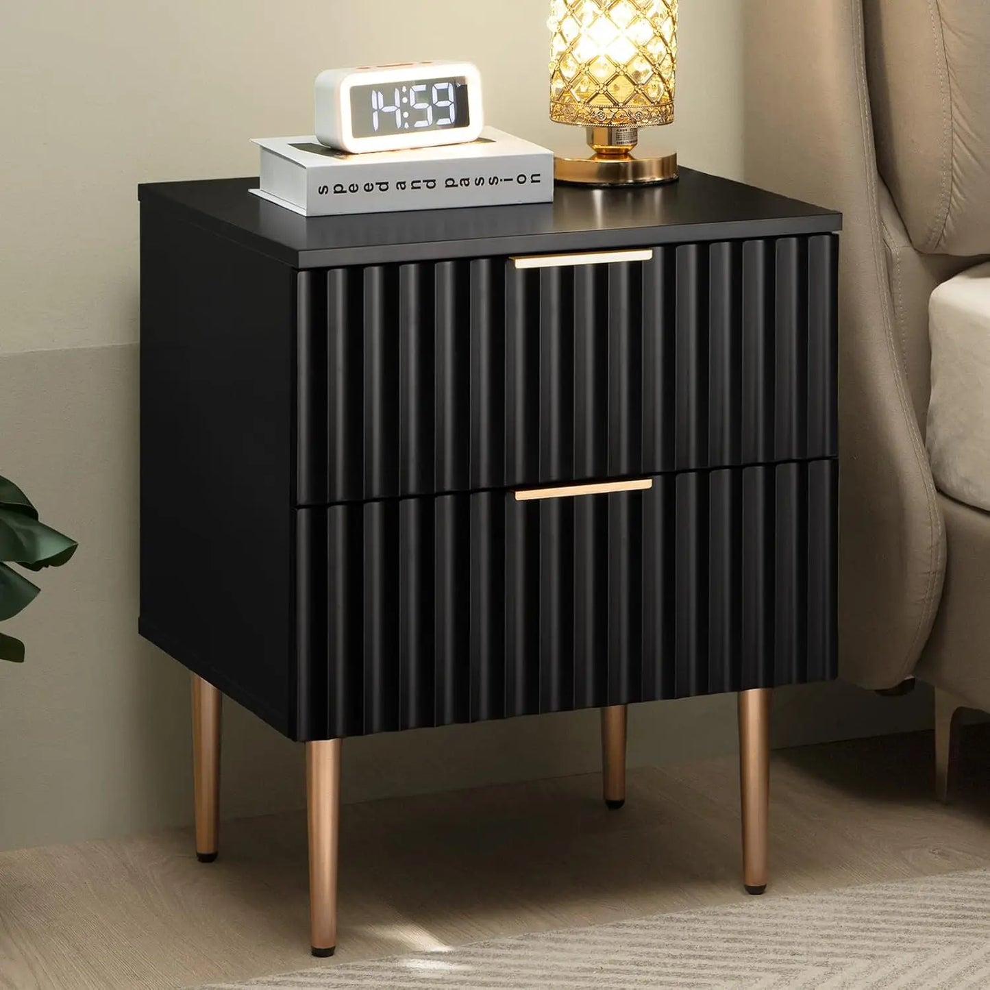 PHOENIX White Modern Fluted Nightstand with 2 Drawers - 24'' Wide