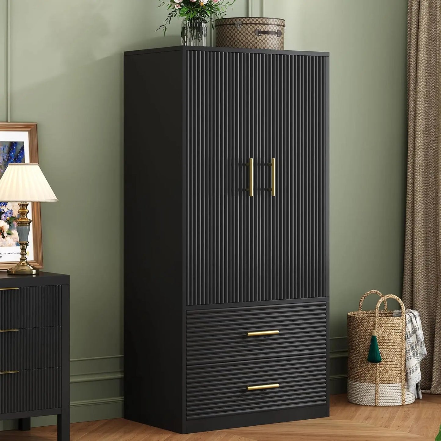 BIANCA Modern Black Wood Armoire with Drawers