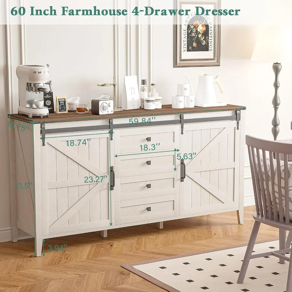 HARMONY Rustic Farmhouse Sliding Barn Door Dresser - 60" Wide Wooden Storage Chest with 4 Drawers