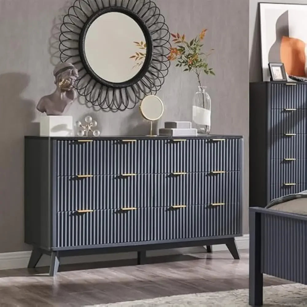 MALIA Modern Fluted Chest of Drawers – Wood Storage Dresser with Gold Handles