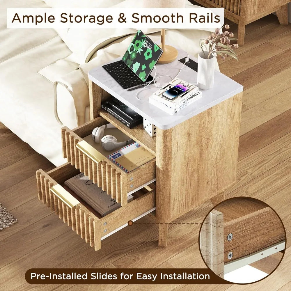 LUCIANA Fluted Farmhouse Nightstand Set of 2 with Charging Statio