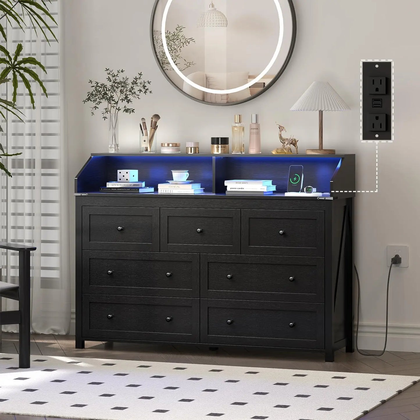 EVIE Rustic LED Bedroom Dresser – 4 Drawer Wooden Storage Chest with Open Shelf | 47.2'' W