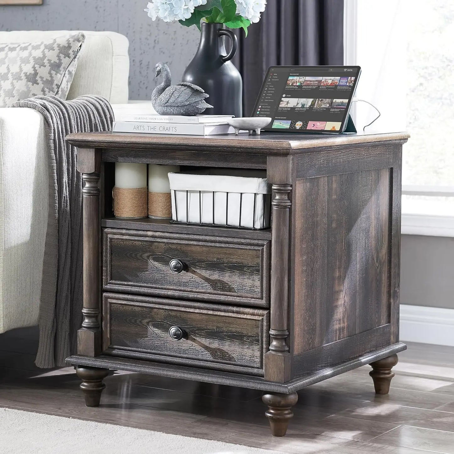 PAYTON Farmhouse End Table - Rustic Wood Nightstand with Charging Station