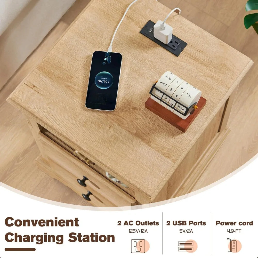 BROOKLYNN Vintage 18'' Nightstand with Charging Station and Storage Drawers