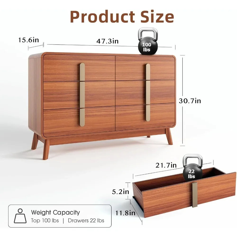 AITANA Mid-Century Modern 6-Drawer Dresser - Cherry Finish - 47.3" Wide