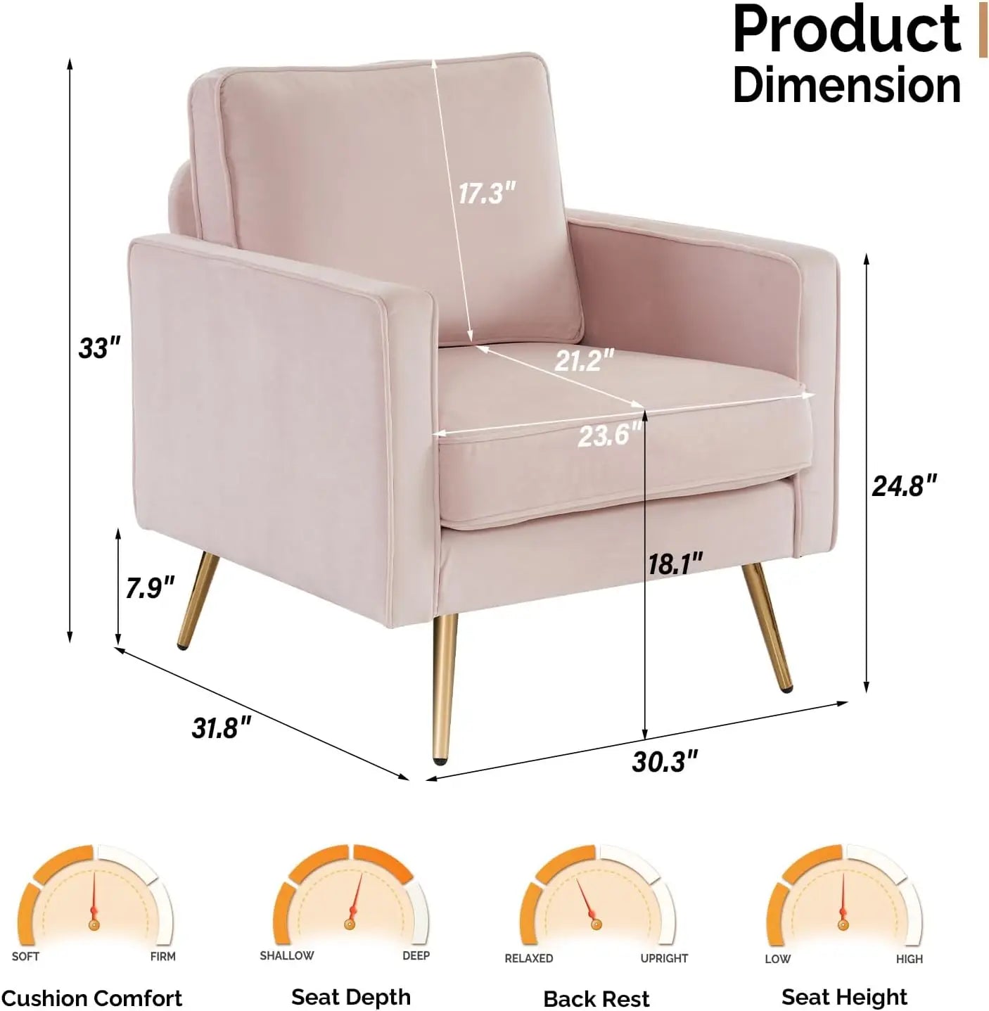 MAX Modern Velvet Accent Chair - Upholstered Armchair - 32.68" W