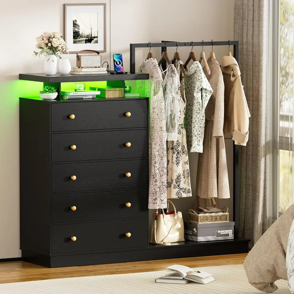 LILLY Modern LED 5-Drawer Dresser with Hanging Rack & Charging Station