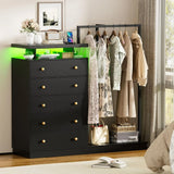 LILLY Modern LED 5-Drawer Dresser with Hanging Rack & Charging Station