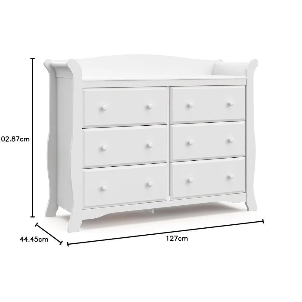VERA Avalon Classic Sleigh 6-Drawer Dresser – White Wooden Chest for Nursery