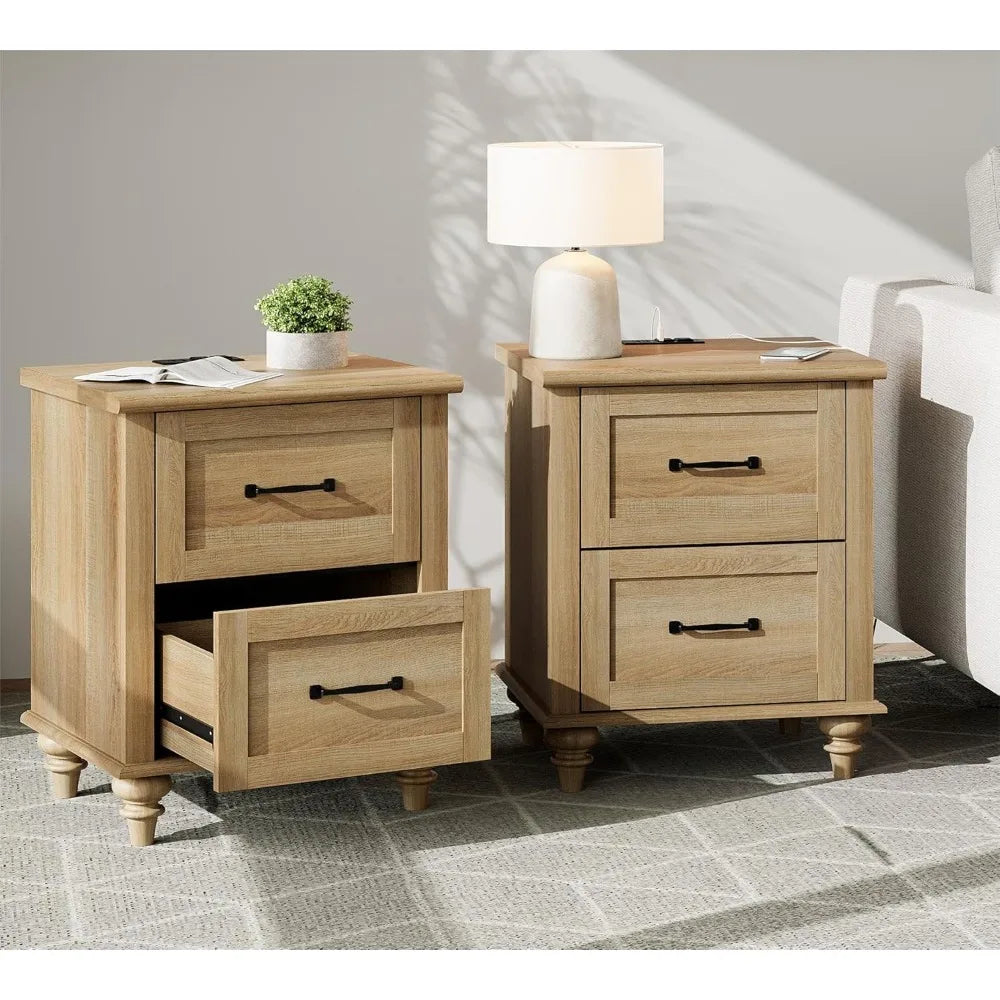 TESSA Wooden Nightstand Set of 2 - 2 Drawer Bedside Table with Charging Station