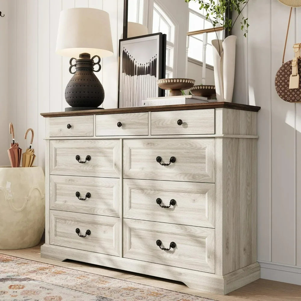 JULIANA Farmhouse 9-Drawer Wood Dresser - 53'' Wide Rustic Chest for Bedroom