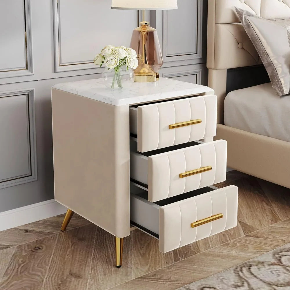 JOANNA Velvet Upholstered Nightstand with Faux Marble Top, 3-Drawer Modern Bedside Table - 16.3''