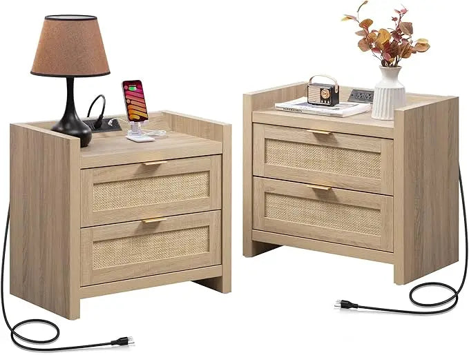TEAGAN Wooden Bedside Table with Charging Station - 23.6'' Wide