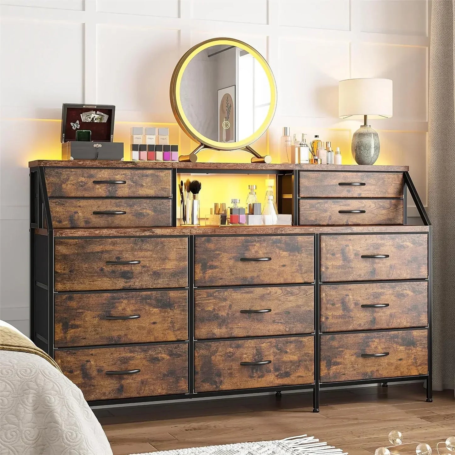 OPHELIA Modern Wide Storage Dresser – 13 Drawer Organizer with Open Shelves | 55.1'' W
