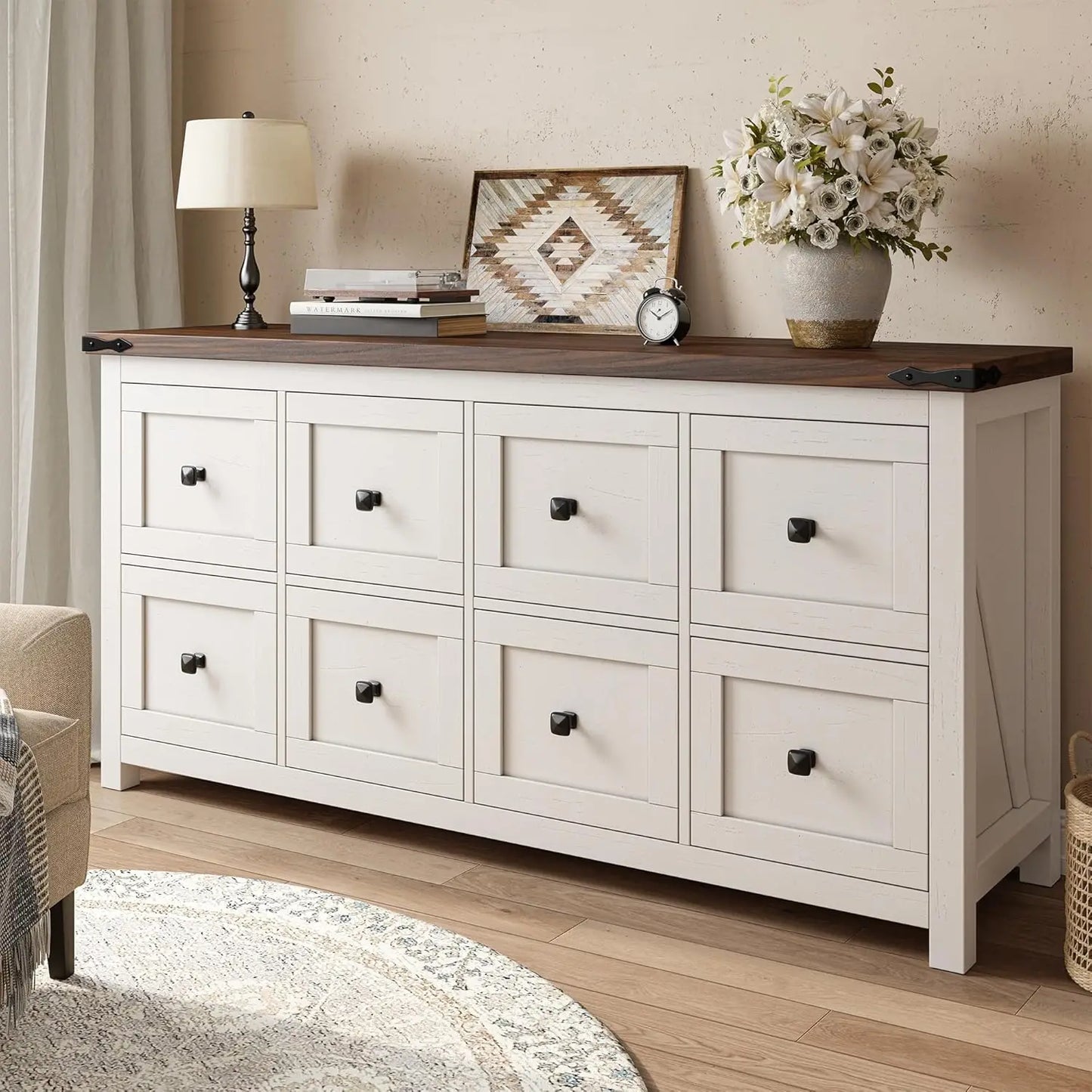 LILITH Rustic Farmhouse 8-Drawer Dresser - 59.1" Wide Wooden Chest of Drawers