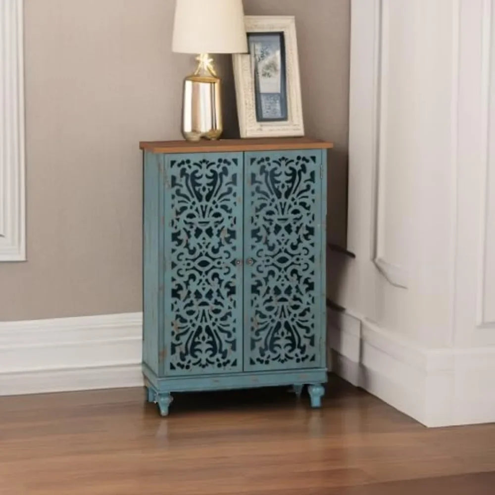 ALESSIA Vintage Carved Wood Accent Cabinet - 31.5" Tall Distressed Storage Cabinet