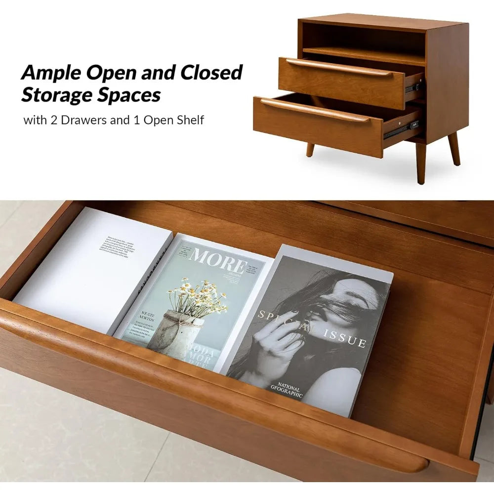 ESMERALDA Modern 28" Wide Nightstand with Charging Station, 2 Drawers & Open Shelf