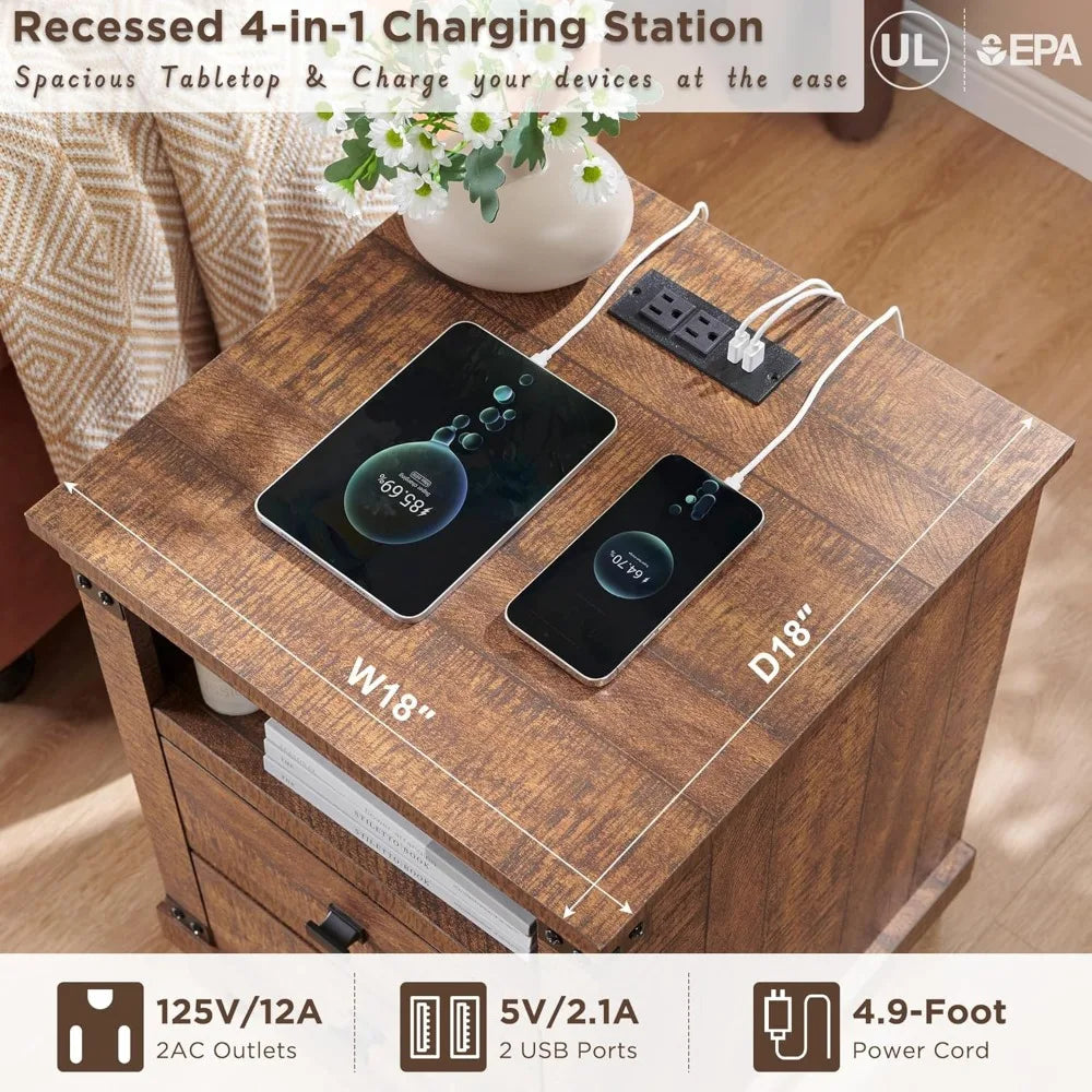 SELAH Rustic Farmhouse Nightstand with Charging Station – 18" Wooden End Table with Storage Drawers