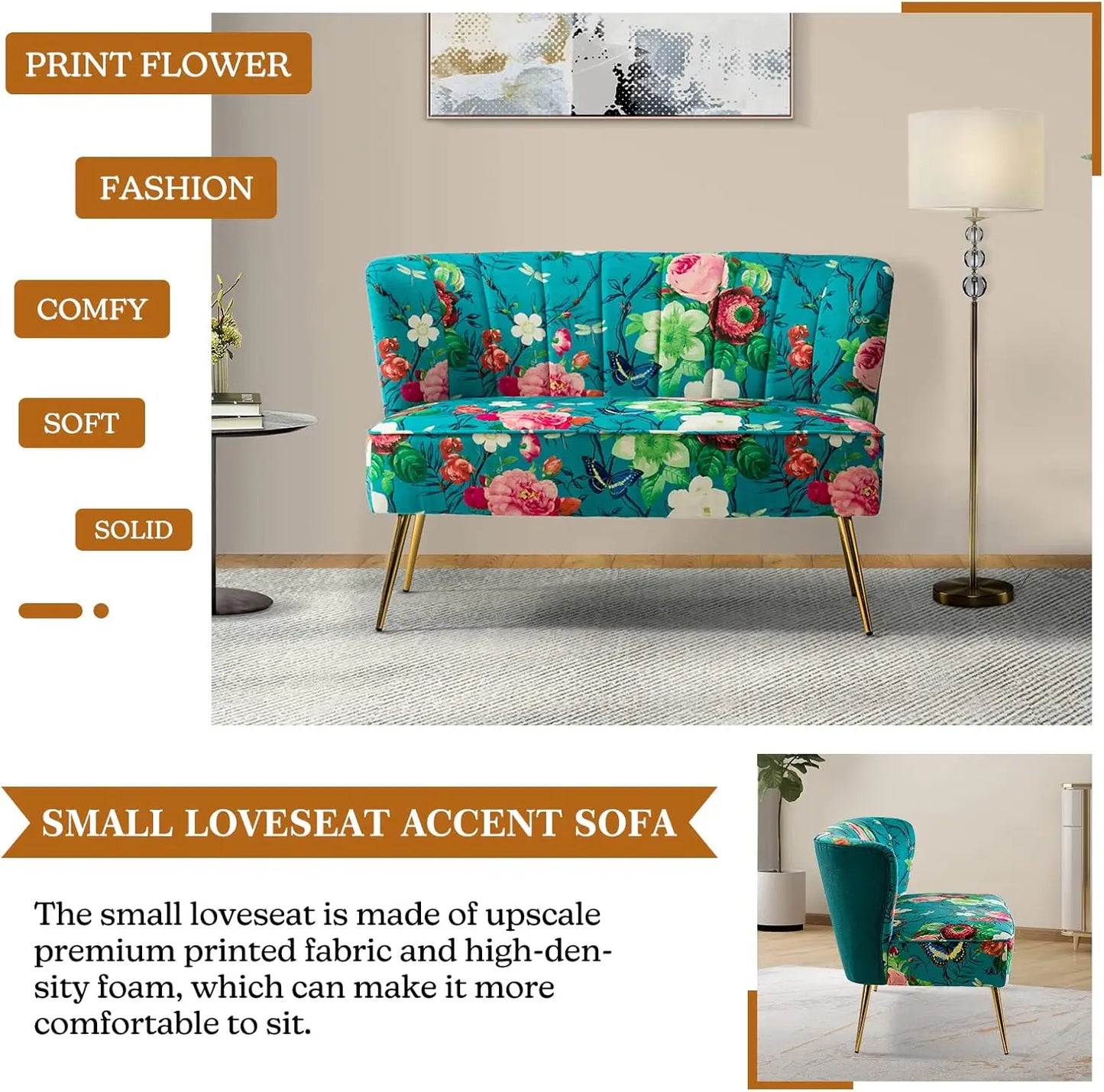 RUBY USA Loveseat Sofa – Modern Floral 2-Seat Armless Couch - 46.7" W