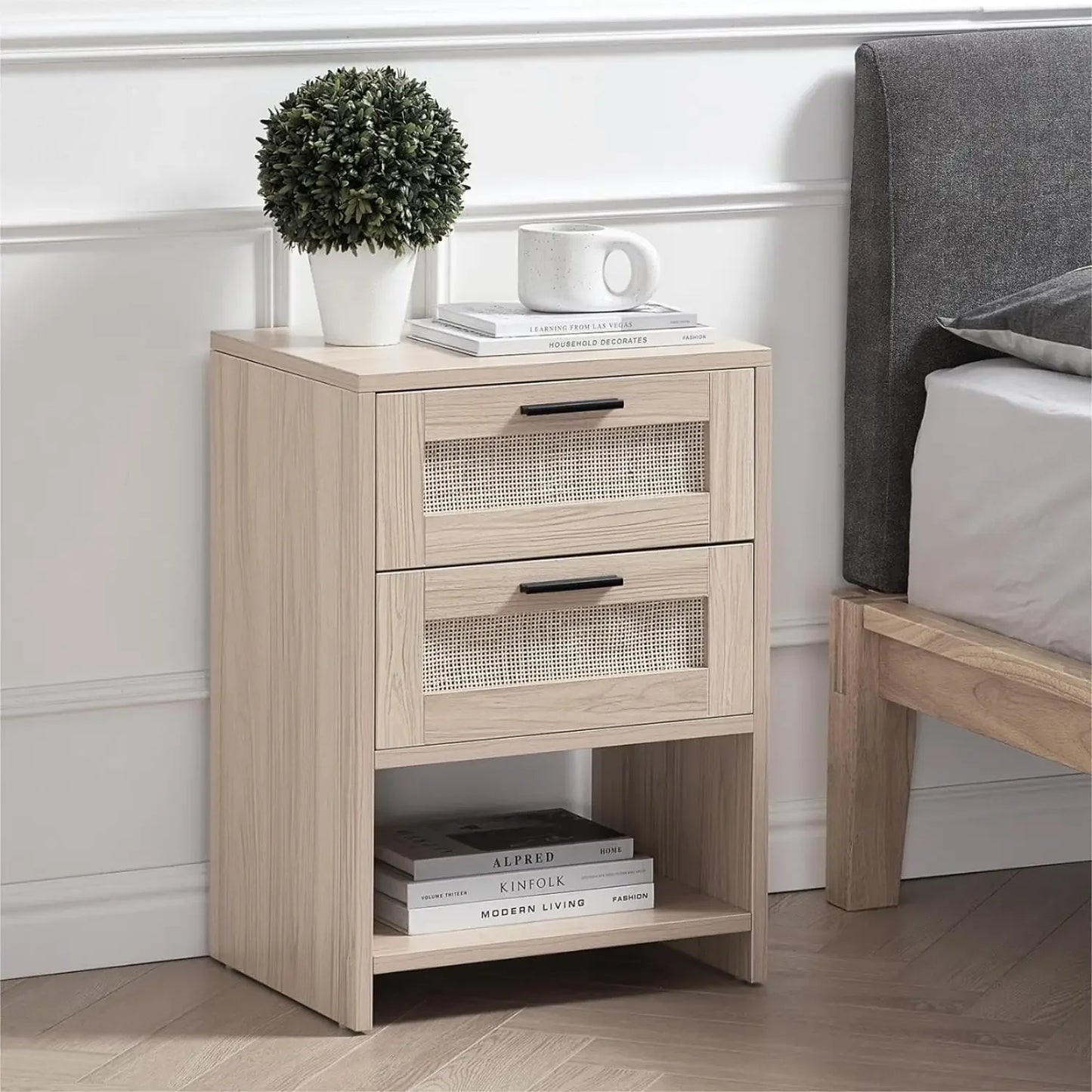 MALANI Modern Rattan Nightstand with 2 Drawers & Open Storage – 17.3" Wide Bedside Table