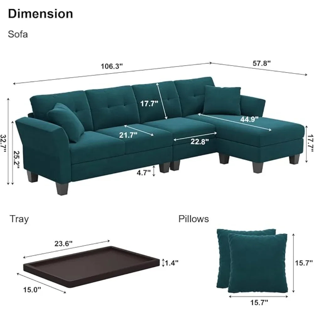 PAUL Modern Velvet Convertible L-Shaped Sectional Sofa – 4-Seater Couch with Chaise | 106.3"W