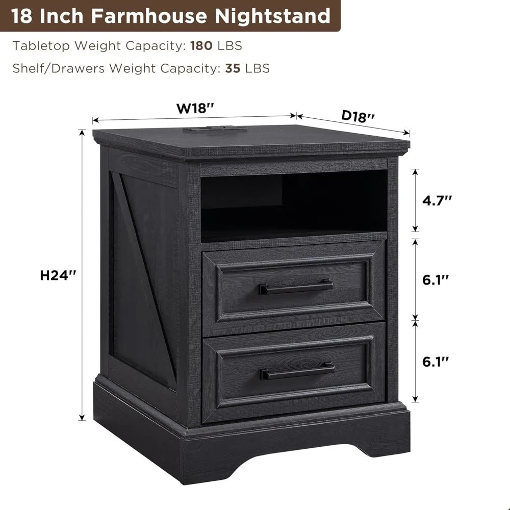 AMARI Farmhouse Nightstand with Charging Station – Rustic End Table with Storage Drawers – 18” Wide