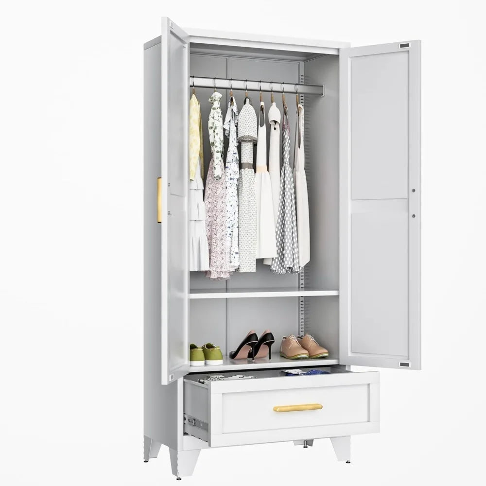 JOY Metal Barn Door Wardrobe Closet with Drawer – 31.5" Wide Steel Armoire