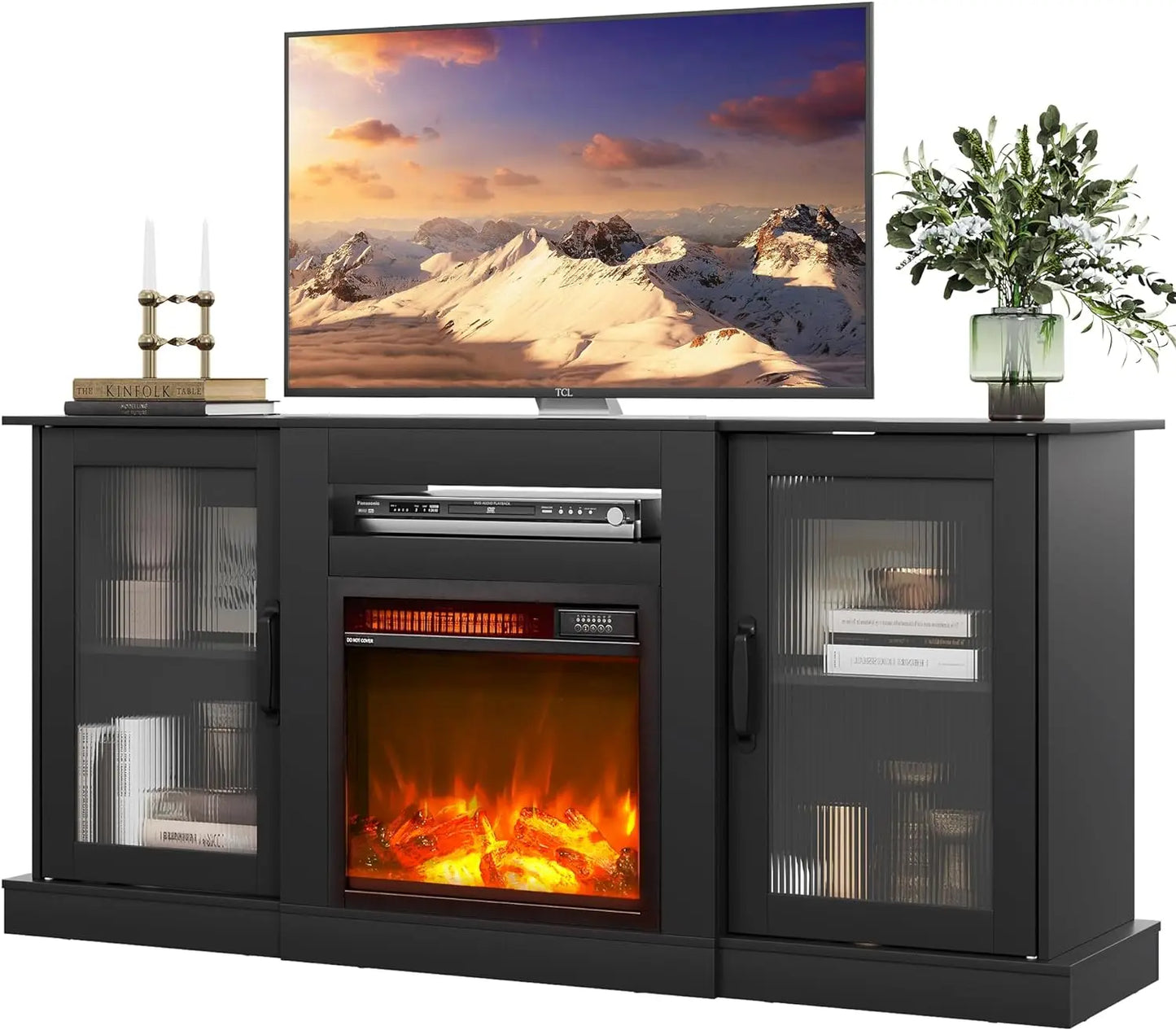 TYLER Retro TV Stand with Fireplace, Entertainment Center - 58" W