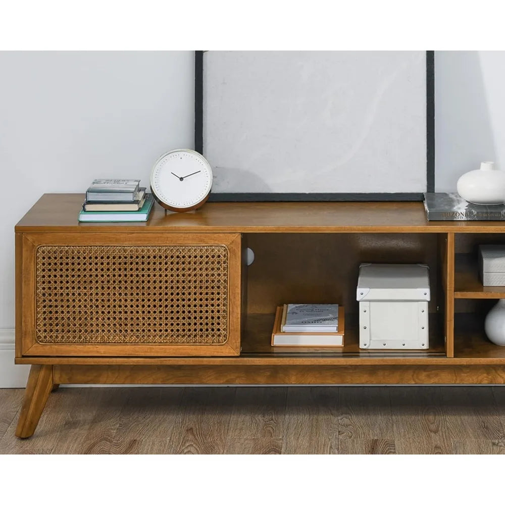 59 Inch Mid Century Modern TV Stand with Rattan Cabinet Doors, Boho TV Stand for 65 Inch TVs, Living Room/Bedroom TV Stand