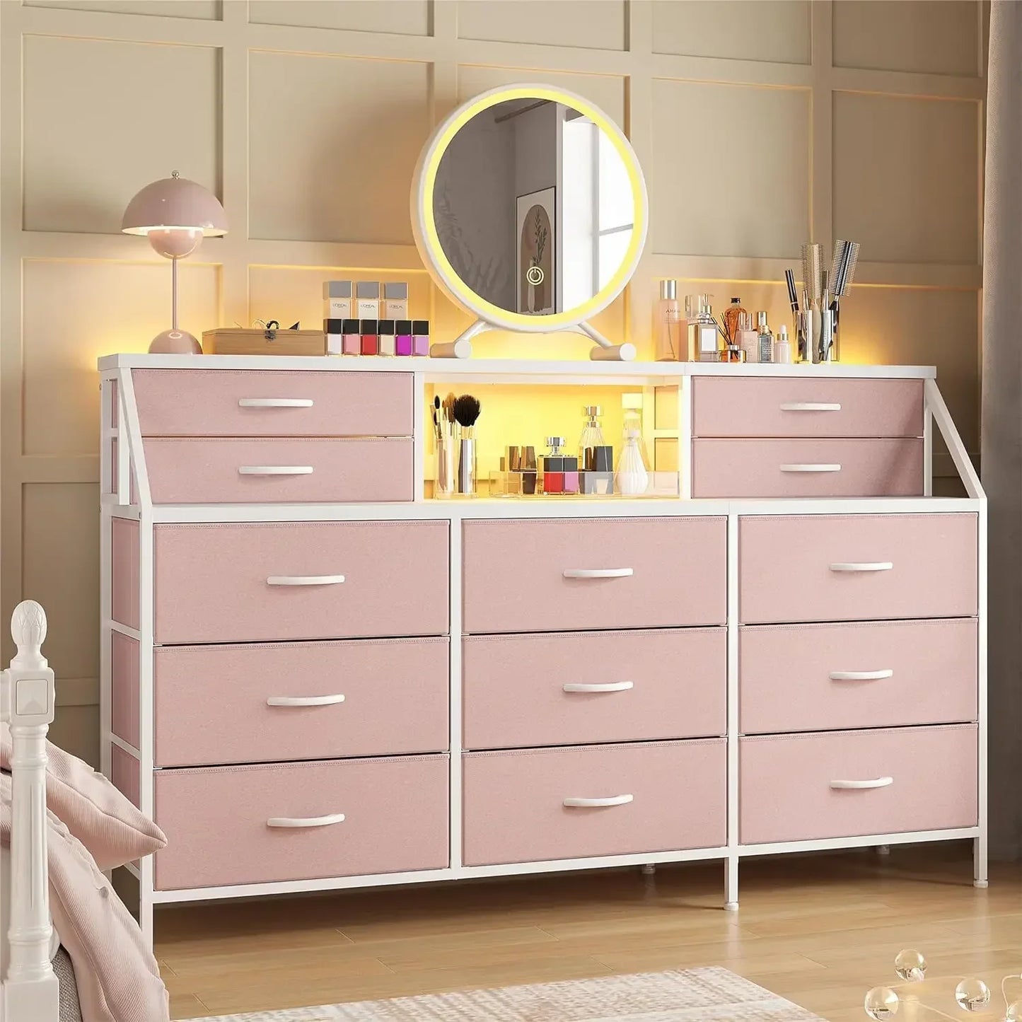 OPHELIA Modern Wide Storage Dresser – 13 Drawer Organizer with Open Shelves | 55.1'' W