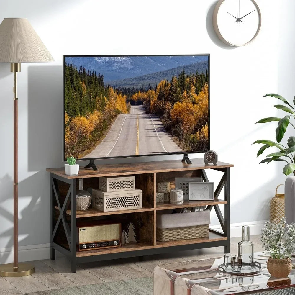 TV Stand for TVs up to 55 Inches, 47" Farmhouse Entertainment Center with 4 Open Shelves & Built-in Cable Holes