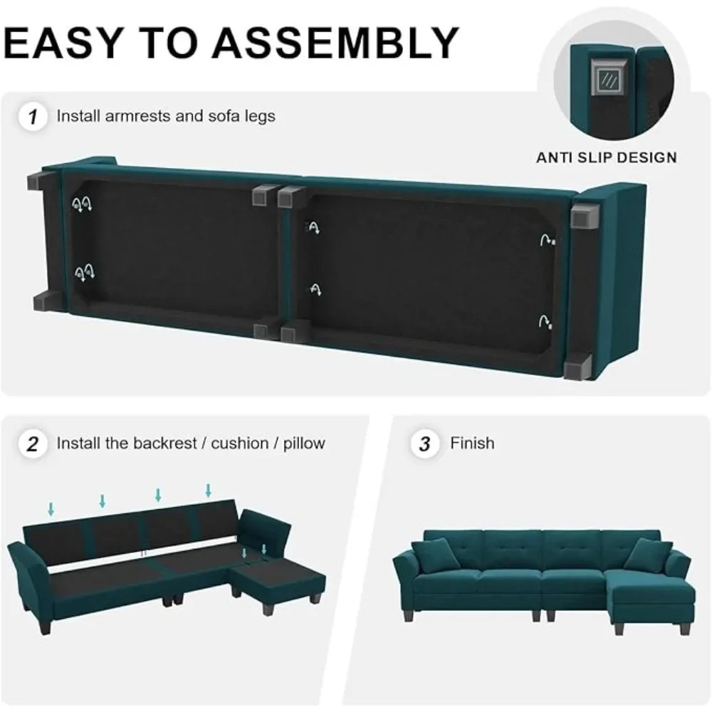PAUL Modern Velvet Convertible L-Shaped Sectional Sofa – 4-Seater Couch with Chaise | 106.3"W
