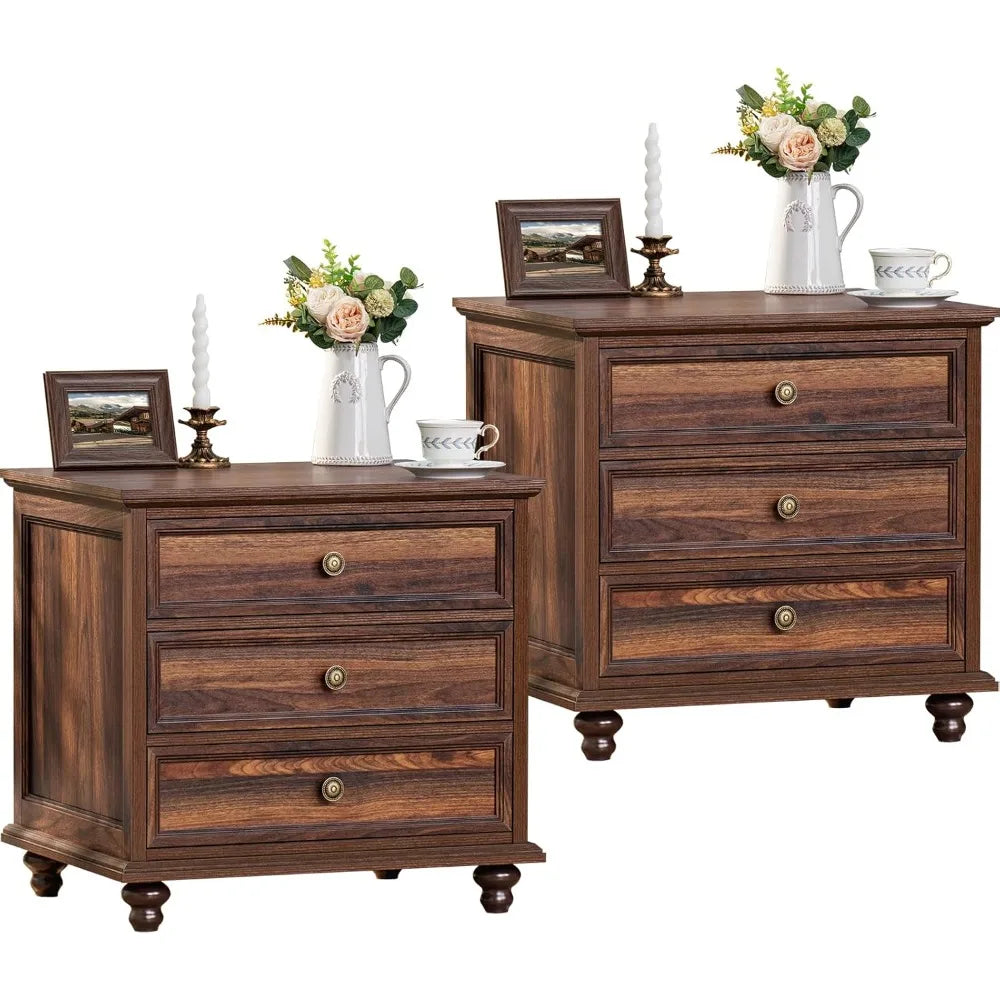 NAYELI Wide Nightstand Set of 2 – Solid Wood End Table with 3 Drawers for Bedroom