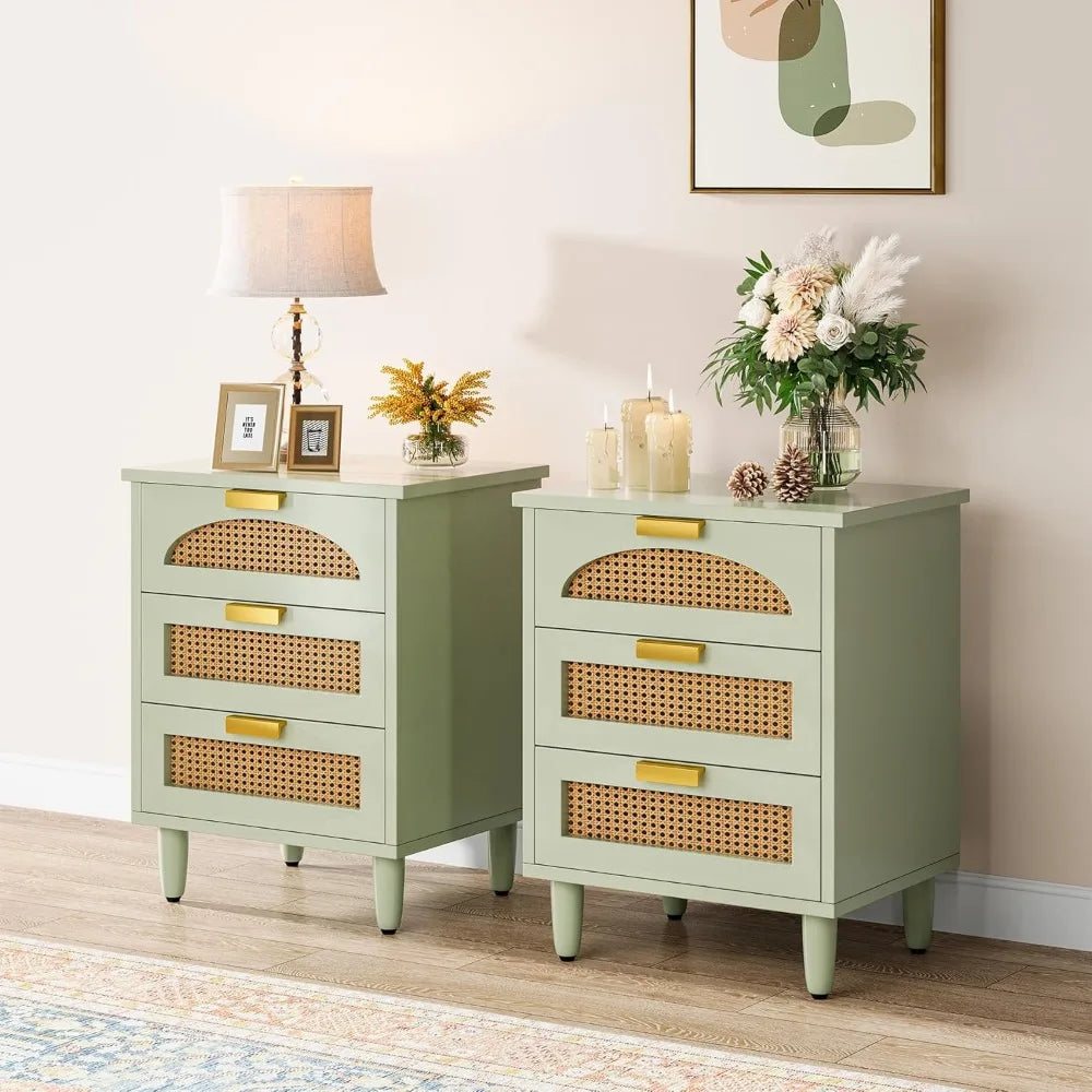 BROOKE Mint Green Modern Rattan 3-Drawer Nightstand - 19.69''