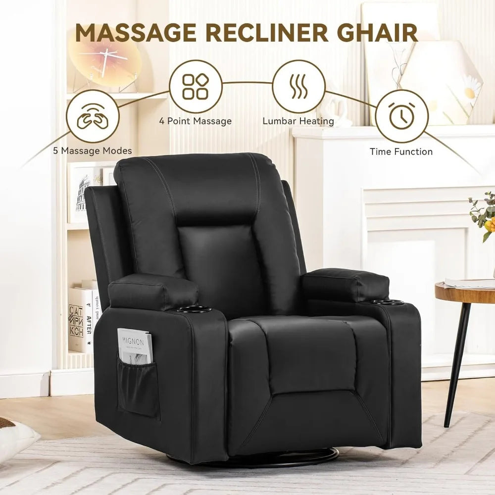 NORA Swivel Rocker Recliner Chair - Massage & Heat - Modern Faux Leather - 24" W