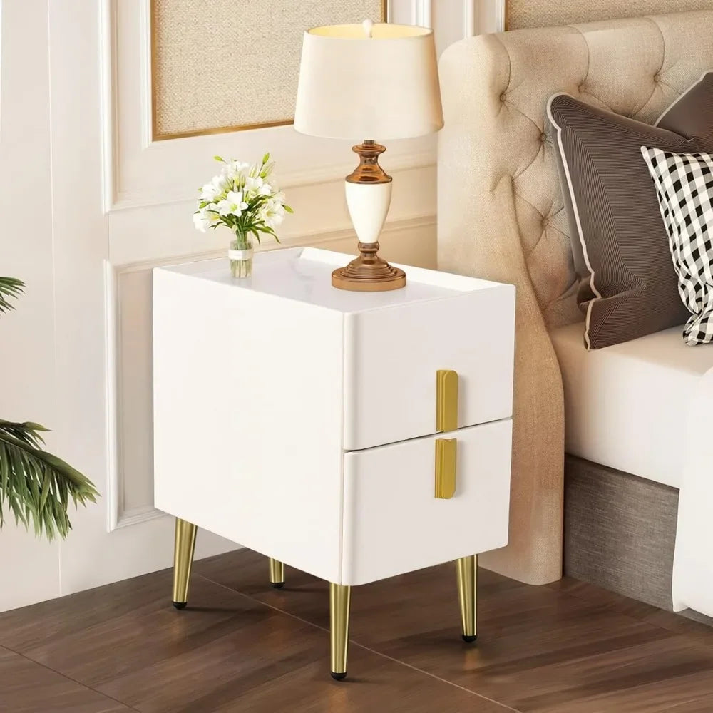 REBECCA Modern White Leather Smart Nightstand - 18'' Bedside Table with Wireless Charging & 2 Drawers