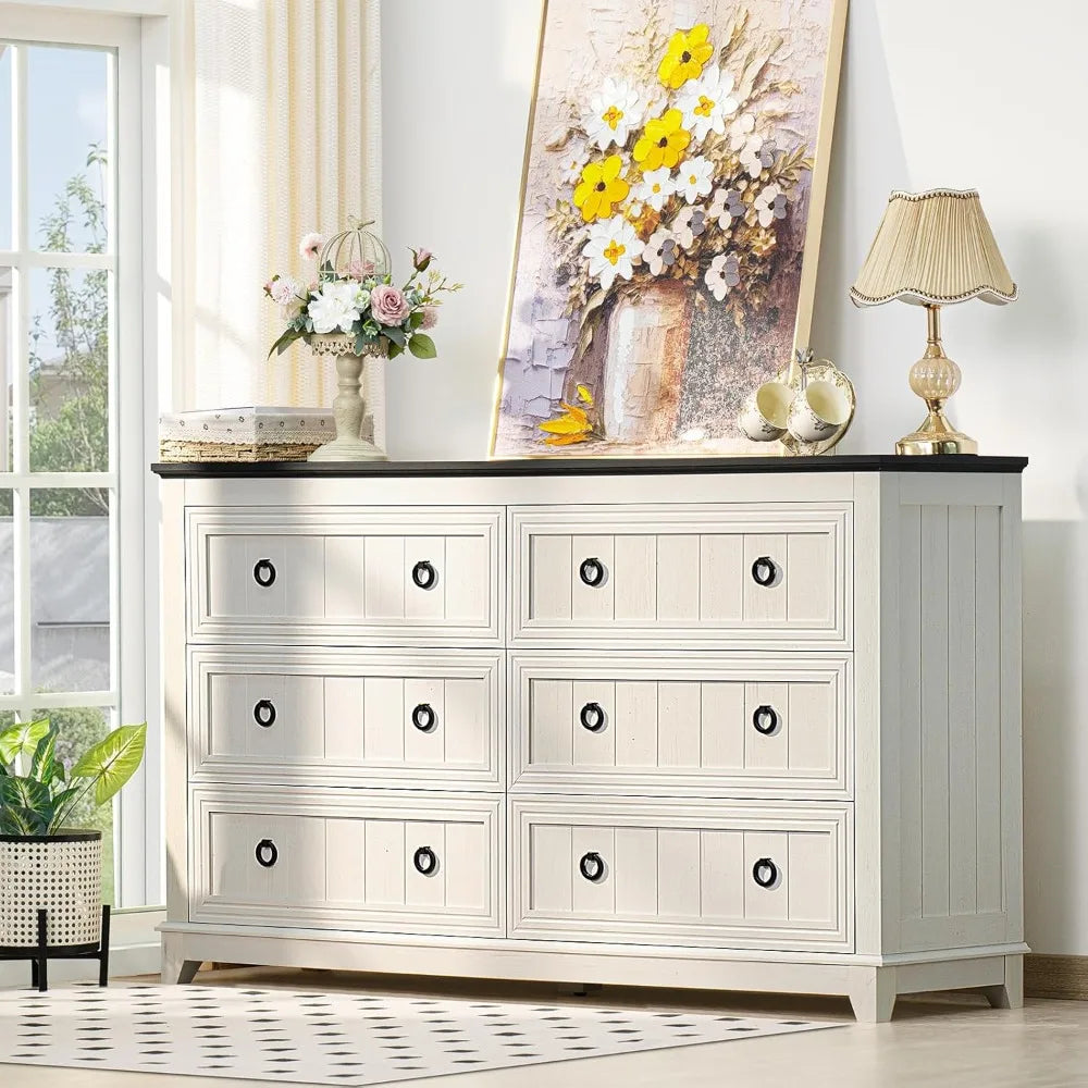 LONDYN Farmhouse 6-Drawer Wood Dresser - 54" Wide Rustic Storage Chest