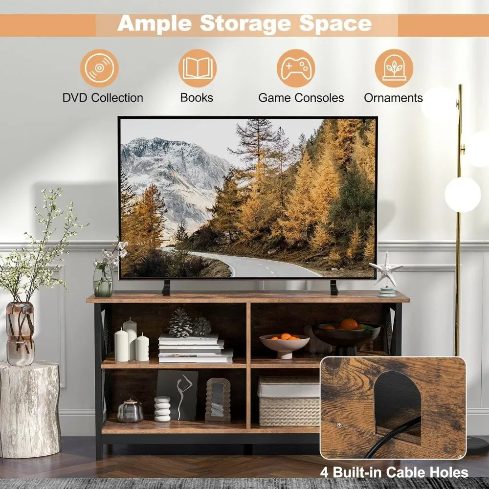 TV Stand for TVs up to 55 Inches, 47" Farmhouse Entertainment Center with 4 Open Shelves & Built-in Cable Holes