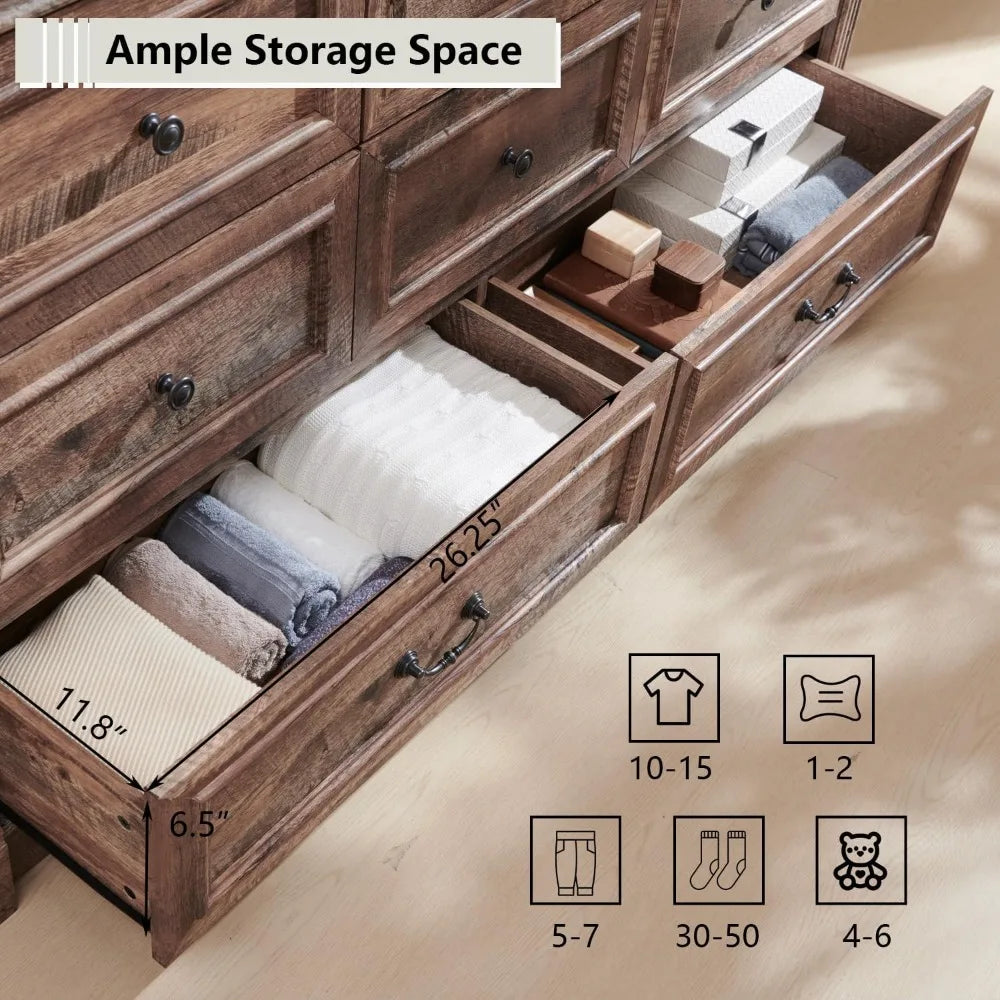ELISE Rustic Farmhouse 8-Drawer Dresser with Roman Column Design – 61'' Wide Bedroom Storage Chest