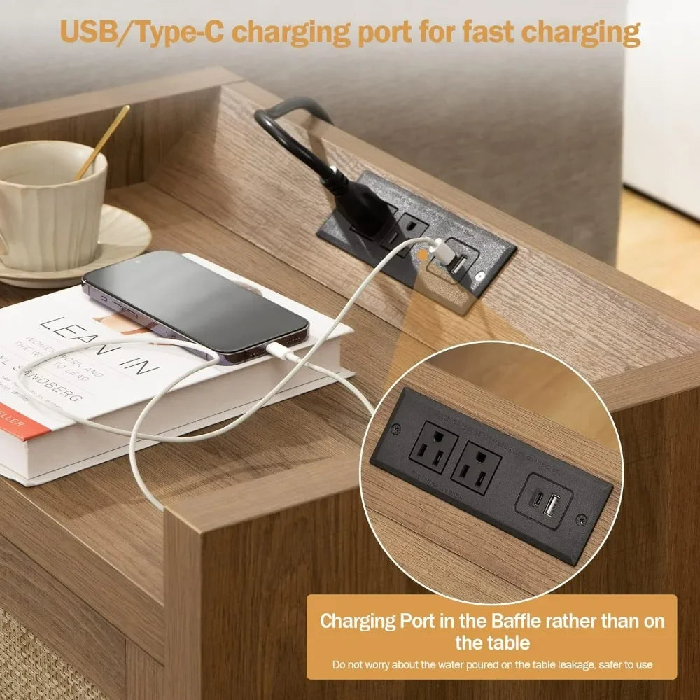 LAUREN Farmhouse Oak Rattan Nightstand Set – 23.6" Wide 2-Drawer Bedside Table with Type-C Charging Station
